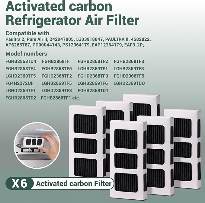 6 Pack Refrigerator Air Filter Replacement for PAULTRA2, Compatible with Pure Air Ultra 2/242047805 / EAP12364179