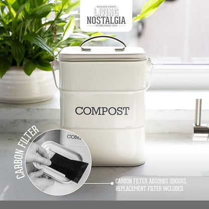 KitchenCraft Living Nostalgia Kitchen Compost Bin, Metal, 16.5 x 12 x 24 cm, Antique Cream
