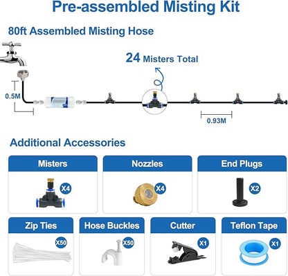 Pre-Assembled Misters for Outside Patio,80FT|24M.Outdoor Misting Cooling System w Filter, Backyard Mist Kit for Garden,Greenhouse,Deck,Umbrella,Canopy,Pool,Porch,Trampoline,ParkBBQ Party