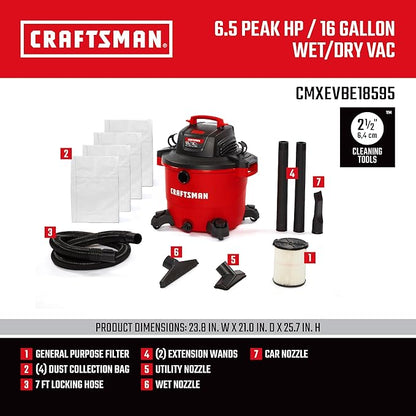 CRAFTSMAN CMXEVBE18595 16 Gallon 6.5 Peak HP Wet Dry Vac, Heavy-Duty Shop Vacuum Wet and Dry with Filter, 4 Dust Bags, Hose and Attachments for Home Projects & Renovations
