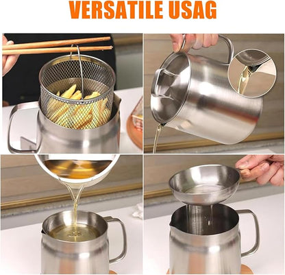 Oil Strainer, Bacon Grease Container Large Capacity Deep Fryer and Strainer Cup Combo Pan, 304 Stainless Steel Oil Separator, Ergonomic Handle, Easy to Use, Multi Functional, for