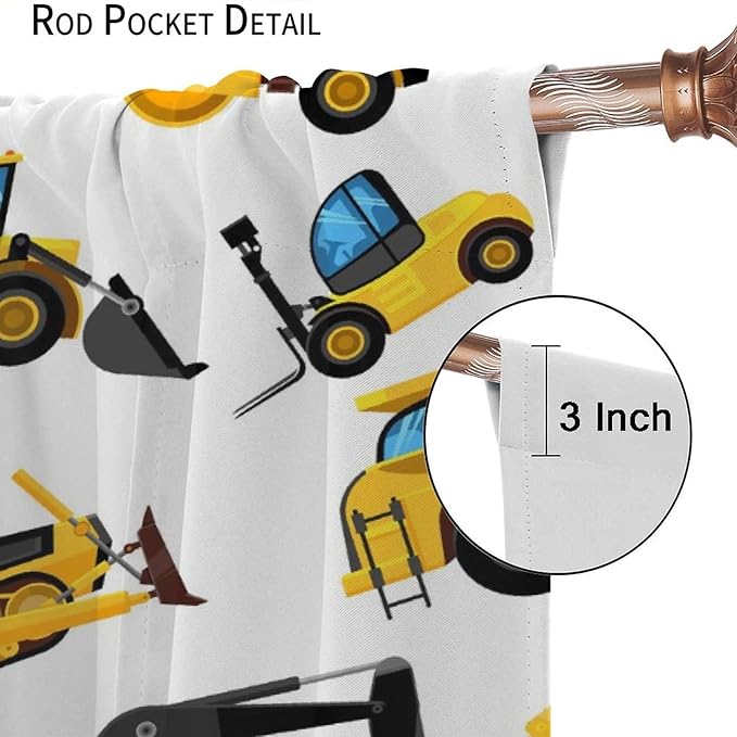 Kids Construction Equipment Window Curtains, Excavator Tractor Tow Truck Rod Pocket Decorative Windows Curtain for Children Teens Boys Girls Room Decor 72x63in (30% Blackout)