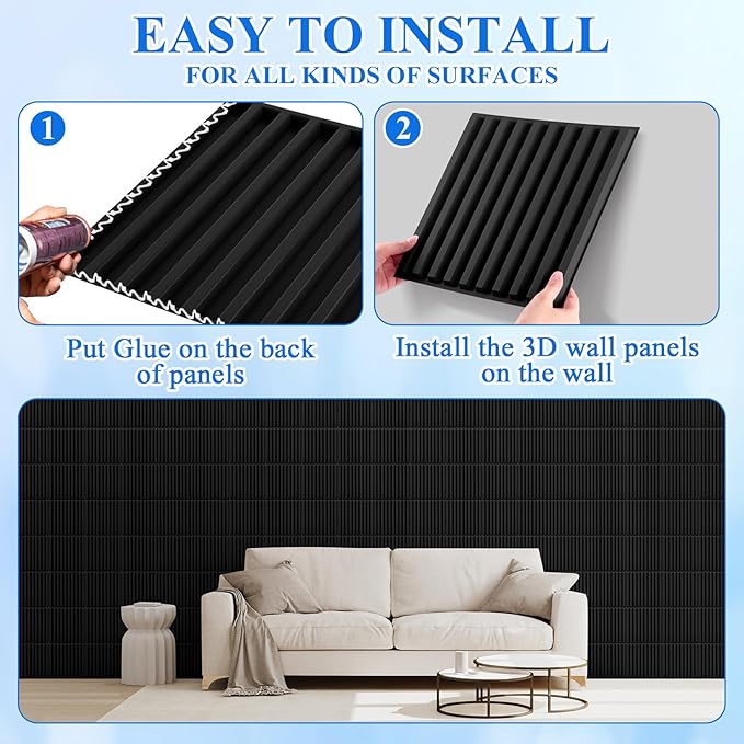 Nuanchu 32 Pcs 3D Slat Wall Panels, 12"x12" PVC Fluted Wall Paneling for Interior Decor, Paintable Waterproof Textured Tiles for Living Room TV Background Gaming Room, 32 Sq. ft Coverage (Black)