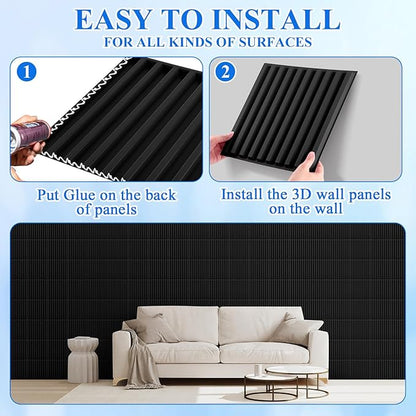 Nuanchu 120 Pcs 3D Slat Wall Panels 12 x 12 Inch PVC Fluted Textured Panel Cuttable Paintable DIY Wall Art Decorative Tiles for Ceiling Studio Bathroom Interior TV Background (Black)