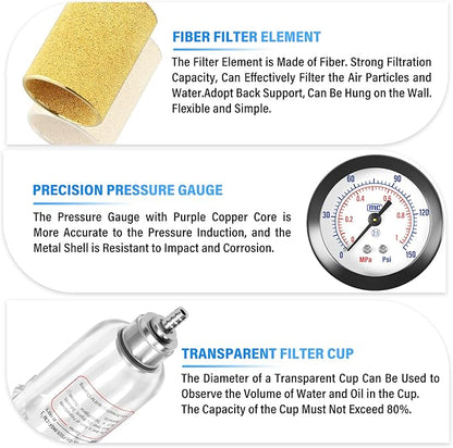 TAILONZ PNEUMATIC 1/4 Inch NPT AFC2000 Air Filter Pressure Regulator Kit（0-145 Psi）5 Micron Brass Element Air Tool Compressor Filter with Gauge and Lubricator Cup