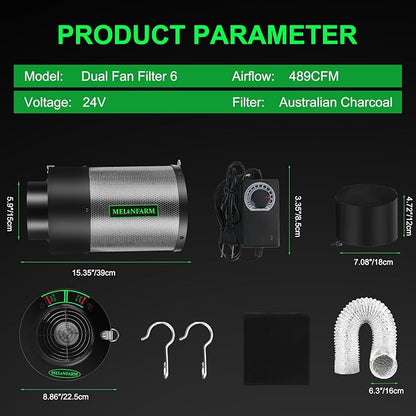 MELONFARM Dual-Fan Air Filter 6 Inch Dual-fan power boosts air circulation, Controller for Odor Control, Grow Tent,Air circulation in confined spaces