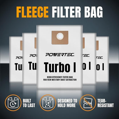 POWERTEC Turbo I, 9-20-27 Fleece Filter Bags 15PK, for Fein Dustex 25 L Wet/Dry Dust Extractor, for Fein 31345061010 Shop Vacuum Replacement Bags, Filter Bags, Dust Bags (75041-P3)