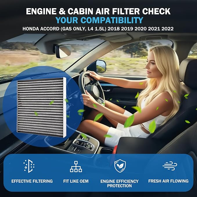 Cabin & Engine Air Filter Set Accessories for Honda Accord (Gas Only, L4 1.5L) 2018 2019 2020 2021 2022 Activated Carbon Automotive Engine Cabin Air Filter Replacement for CF10134 CA12290