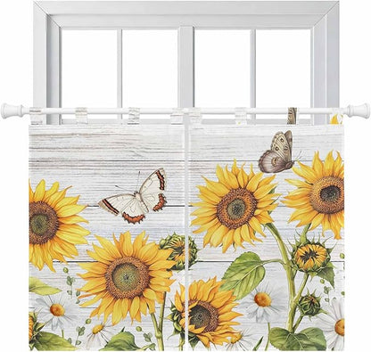 Yellow Sunflowers Bedroom Curtains 63 Inch Length, Window Curtains Tab Top, Vintage Country Flowers Butterfly Wood Board Light Filtering Window Treatments Drapes 42"x63" 2 Panel