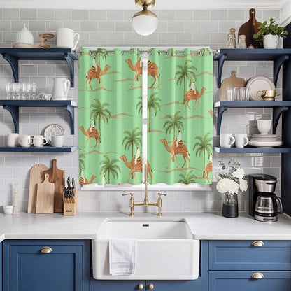 2 Panel Kitchen Cafe Curtains, Desert Camels Sunlight Filtering Nature Air Through, Home Decor Window Covering Tier Curtains for Living Room 104W x 84L inch Tropical Date Palm Trees Animal Green