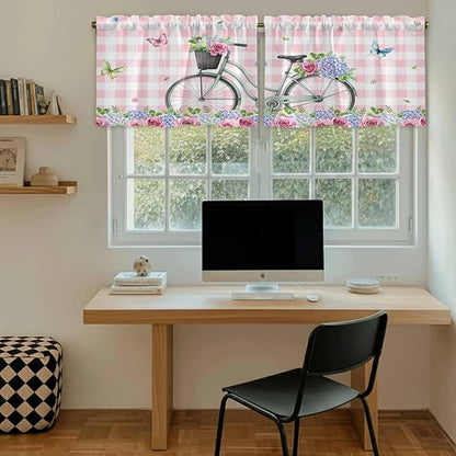 Spring Tier Curtains, Bicycles Leaves Butterfly Flowers Pink Buffalo Plaid Light Filtering Kitchen Curtains, 2Pcs Rod Pocket Half Window Treatments Panels for Sink Cafe Cabinet Camper 27.5x24 Inches