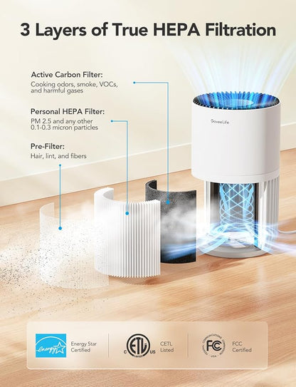 GoveeLife Mini Air Purifier for Bedroom, Smart Filter Air Purifier with App Alexa Control for Pet Hair, Odors, Pollen, HEPA Portable Air Cleaner with 3 Speeds, 2 Modes, Timer, Aroma for Home
