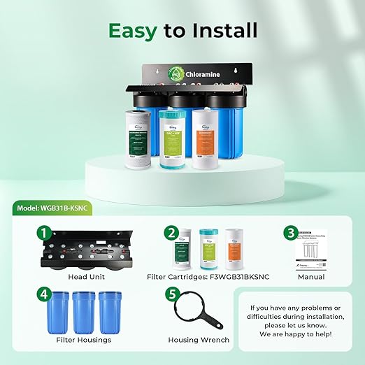 iSpring WGB31B-KSNC Whole House Water Filter System, SGS-Tested to Remove up to 94.4% of Chloramine, 3-Stage Filtration Reduces Heavy Metals, Lead, Chlorine, Sediment, VOC, 10” x 4.5” Filters
