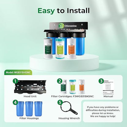 iSpring WGB31B-KSNC Whole House Water Filter System, SGS-Tested to Remove up to 94.4% of Chloramine, 3-Stage Filtration Reduces Heavy Metals, Lead, Chlorine, Sediment, VOC, 10” x 4.5” Filters