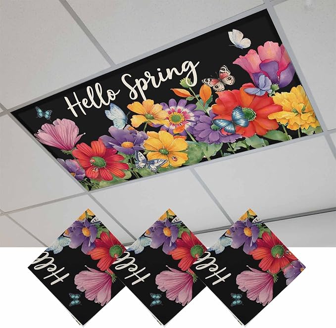 Fluorescent Light Covers for Ceiling Lights Hello Spring Magnetic Light Filters 3 Pack 4x2 ft Butterfly Colorful Spring Floral Ceiling Lights Cover for Classroom Office School Home Drop Lamp Decor