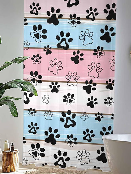 Sheer Curtains 96 Inches Long, Pink Blue Paw Print Semi Sheer Curtains Light Filtering Window Treatment, Vintage Farmhouse Wooden Grain Privacy Voile Drapes for Living Room Bedroom 52x96 Inch