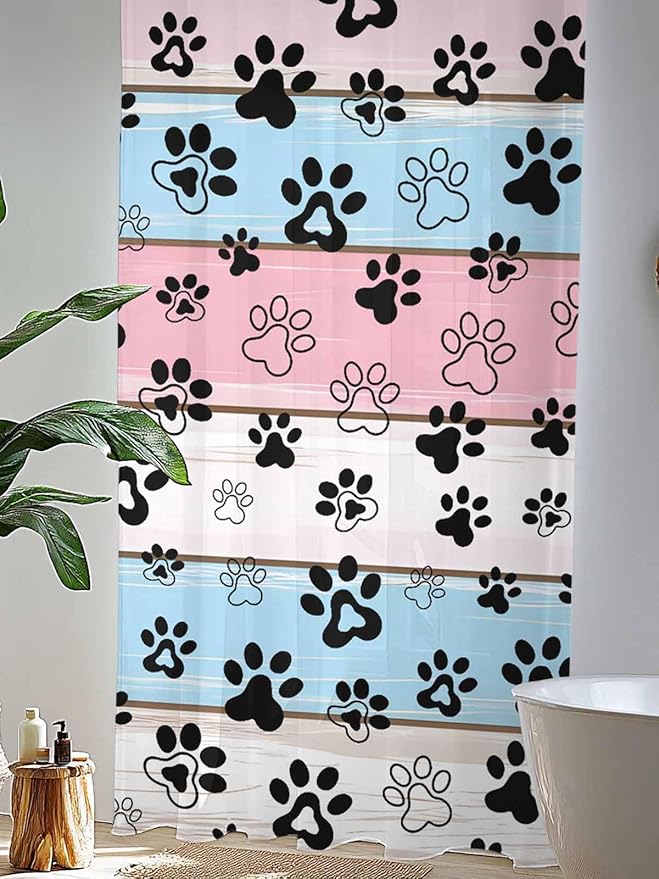 Sheer Curtains 84 Inches Long, Pink Blue Paw Print Semi Sheer Curtains Light Filtering Window Treatment, Vintage Farmhouse Wooden Grain Privacy Voile Drapes for Living Room Bedroom 52x84 Inch