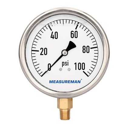 MEASUREMAN 4" Dial Size, Glycerin Filled Plumbing Pressure Gauge, 0-100psi, Stainless Steel Case, 1/4" NPT Lower Mount