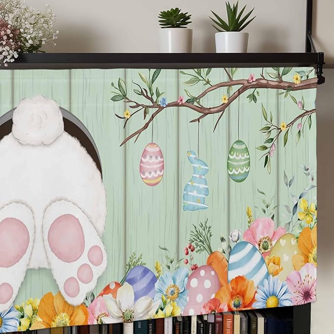 Easter Curtain Valances for Windows, Kitchen Valance Window Treatment, Spring Watercolor Bunny Eggs Wooden Grain Green Light Filtering Block Curtains for Bathroom/Bedroom/Living Room 42'' x 18''