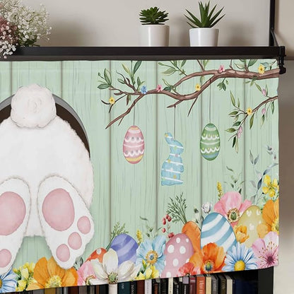 Easter Curtain Valances for Windows, Kitchen Valance Window Treatment, Spring Watercolor Bunny Eggs Wooden Grain Green Light Filtering Block Curtains for Bathroom/Bedroom/Living Room 42'' x 18''