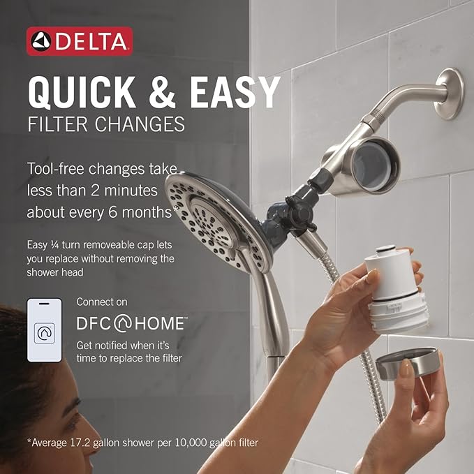 Delta 4-Setting In2ition 2-in-1 Dual Shower Head with Clarifi Standard Shower Filter Attachment, Brushed Nickel Shower Head with Filter, SpotShield Brushed Nickel 7SF110BSN