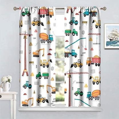 Construction Window Curtains, Kids Cartoon Construction Machines Building Hand Drawn Doodle Rod Pocket Decorative Windows Curtain for Children Teens Room Decor 63x72in (30% Blackout)