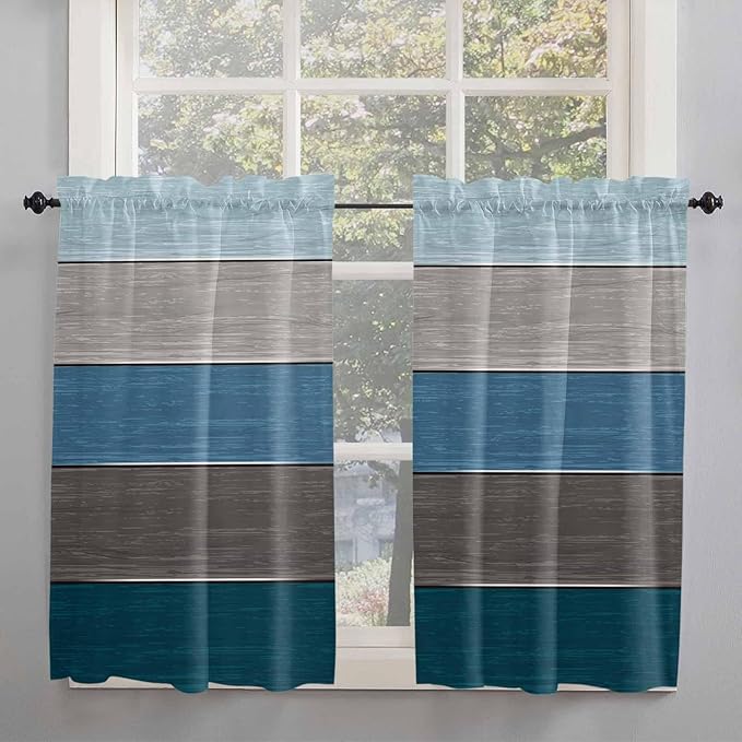 Retro Farm Blue Gray Wood Grain Window Valance Curtains, Rustic Wooden Plank Light Filtering Kitchen Valance with 3-inch Rod Pocket for Living Room Bathroom Bedroom,2 Panel,52x54In