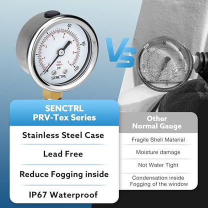 SENCTRL 100 Psi Lead-Free Pressure Gauge, 2" Dial, 1/4 NPT Lower Mount, Waterproof, Stainless Steel Case, for Home Potable Water Tank, Well Pump, RV Regulator, Espresso, Pool Filter Test