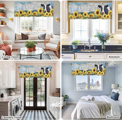 Cow Sunflowers Curtain Valances for Windows, Kitchen Valance Window Treatment, Farmhouse Animal Blue Sky Wooden Grain Light Filtering Block Curtains for Bathroom/Bedroom/Living Room 42'' x 18''