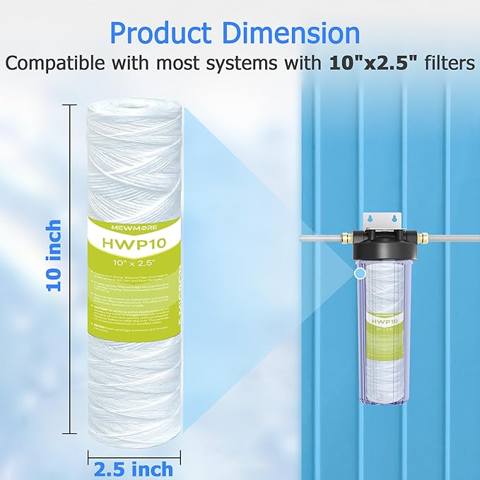 5 Micron Whole House Water Filter Cartridge, String Wound Sediment Filters for Well Water, Universal Replacement for Any 10 inch RO Unit - 10" x 2.5" Cartridges - Pack of 6
