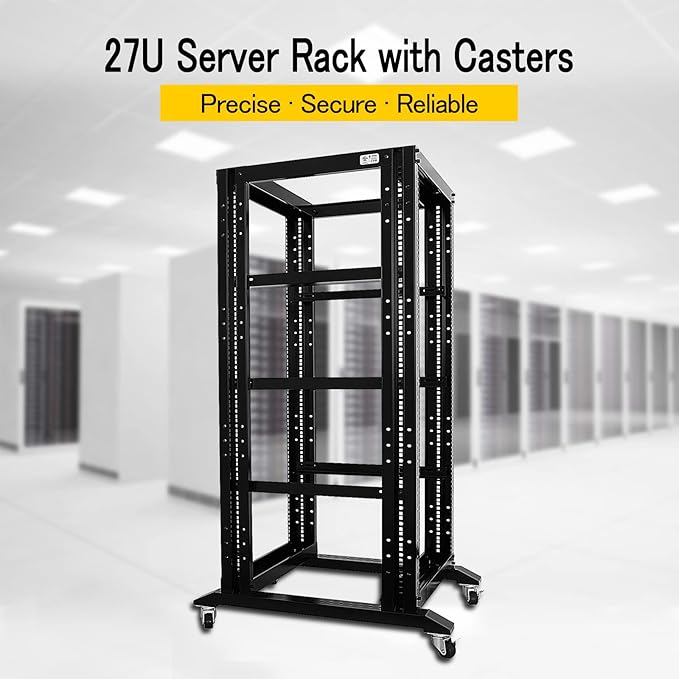 Raising Electronics Server Rack Open Frame Rack 4 Post 19 inch Adjustable Server/Audio Rack Cold Rolled Steel(27U,24Depth)