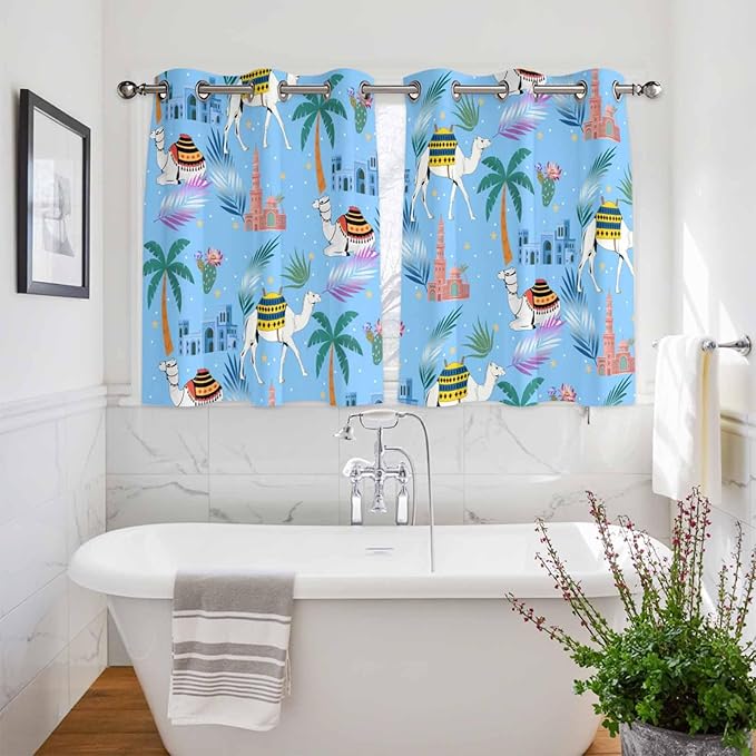 2 Panel Kitchen Cafe Curtains, Desert Landscape Sunlight Filtering Nature Air Through, Home Decor Window Covering Tier Curtains for Bedroom Living Room Cute Camels Palm Trees Houses Leaves Blue