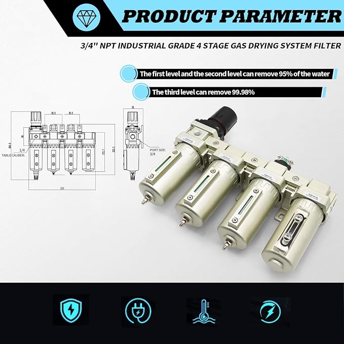 3/4" NPT Industrial Grade 4 Stage Gas Drying System, Coalescing Filter, Desiccant Dryer, Auto Drain, Compatible with Paint Spray, Plasma Cutter (Manual Version,3/4" NPT)