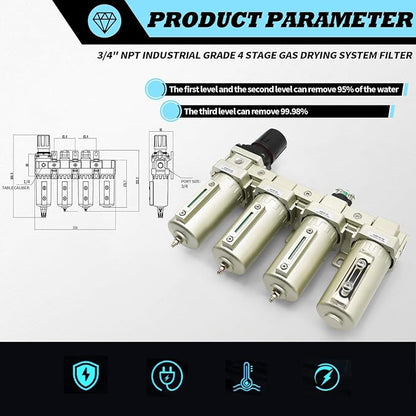 3/4" NPT Industrial Grade 4 Stage Gas Drying System, Coalescing Filter, Desiccant Dryer, Auto Drain, Compatible with Paint Spray, Plasma Cutter (Manual Version,3/4" NPT)