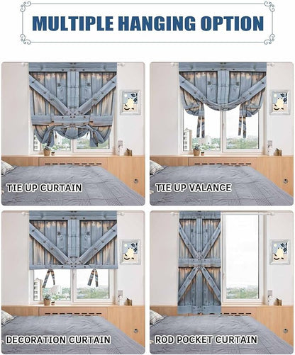 Tie Up Curtains for Windows, Farmhouse Wood Grain Adjustable Balloon Nature Linen Textured Kitchen Curtain, Vintage Country Barn Gate Textured Thermal Insulated Curtains for Window, 42" x 54"