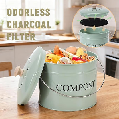 Compost Bin for Kitchen Counter, 1 Gallon Compost Bucket with Lid and Charcoal Filter, Countertop Composter, Rust Proof Indoor Food Waste Bin, Green