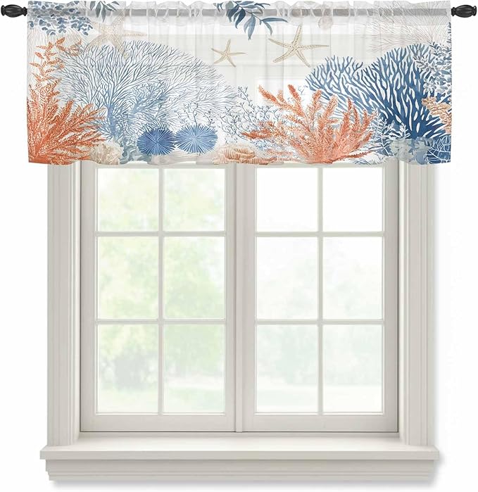 Ocean Corals Sheer Valance Curtains, Summer Beach Coral Sea Stars Light Filtering Kitchen Valances Rod Pocket Voile Curtain Window Treatment for Bedroom/Living Room/Basement 42Wx12L