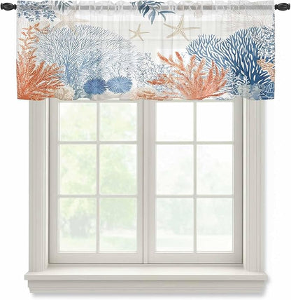 Ocean Corals Sheer Valance Curtains, Summer Beach Coral Sea Stars Light Filtering Kitchen Valances Rod Pocket Voile Curtain Window Treatment for Bedroom/Living Room/Basement 42Wx12L