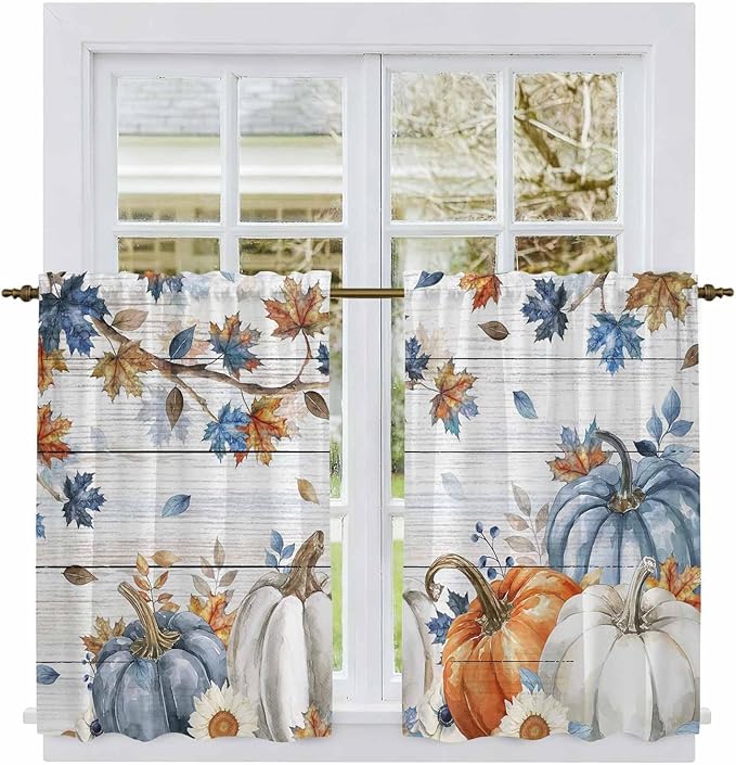 Thanksgiving Pumpkin Kitchen Curtains 54 Inch Long 2 Panel Set, Rod Pocket Window Curtains Panels, Fall Maple Leaf Daisy Wooden Grain Light Filtering Privacy Draperies for Bedroom Laundry 42"W x 54"L