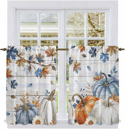Thanksgiving Pumpkin Kitchen Curtains 54 Inch Long 2 Panel Set, Rod Pocket Window Curtains Panels, Fall Maple Leaf Daisy Wooden Grain Light Filtering Privacy Draperies for Bedroom Laundry 42"W x 54"L