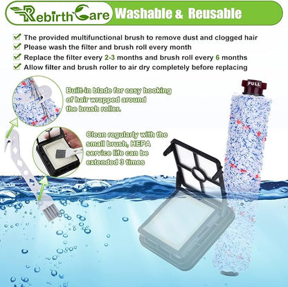 2 Pack 1868 Multi-Surface Brush Roll + 2 Pack 1866 Vacuum Filter, Replacement Parts Compatible with Bissell CrossWave 1785A 2306A 3888A Vacuum Cleaner, Compare to Part 1608683 160-8683 1608684