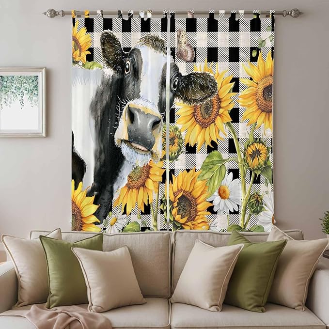 Retro Sunflowers Living Room Curtains 96 Inch Length, Window Curtains Tab Top, Farmhouse Floral Cow Butterfly Black Plaid Light Filtering Window Treatments Drapes 52"x96" 2 Panel