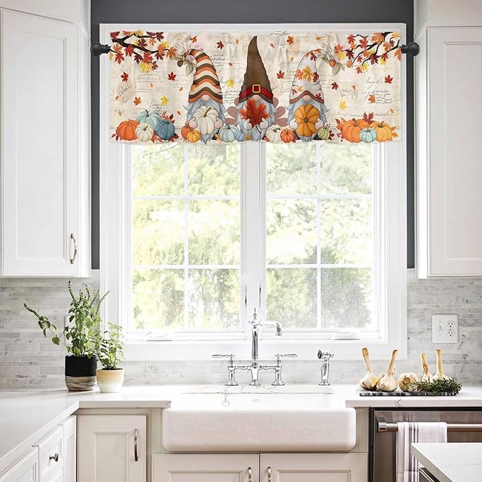 Fall Gnomes Kitchen Curtain Set, Thanksgiving Maple Leaf Rustic Pumpkin Window Valance and Tiers 36" Length, Light Filtering Short Curtains Valance for Cafe Bathroom Bedroom 54"x18"