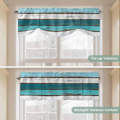 Turquoise Teal Tie Up Valance Curtains for Windows, Kitchen Curtains Window Shades, Farmhouse Retro Ombre Wooden Grain Light Filtering Roman Curtain Valances for Bedroom/Bathroom/Cafe 42"x12"