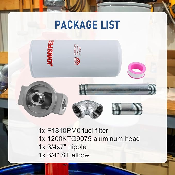 1200KTF7018 Fuel Filter Spin-on Particulate Replacement for Transfer Pump FR112 FR1210G FR610G 25 GPM 3/4” with 1200KTG9075 Filter Head and 3/4” ST Elbow and 3/4 x 7” Nipple