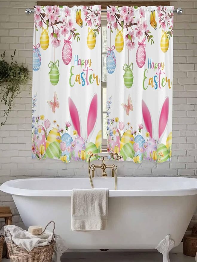 Happy Easter Bedroom Curtains 63 Inches length, Spring Watercolor Bunny Eggs Flower Branch Window Treatment Curtain Drapes, Rod Pocket Curtain Panels for Living Room Kitchen, 42"x63", 2 Panels