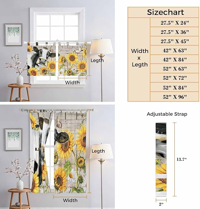 Yellow Sunflowers Bedroom Curtains 63 Inch Length, Window Curtains Tab Top, Farmhouse Cow Barn Doors Floral Butterfly Light Filtering Window Treatments Drapes 42"x63" 2 Panel