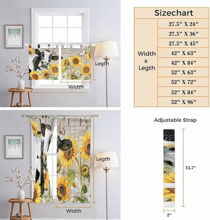 Yellow Sunflowers Kitchen Curtains 24 Inch Length, Small Window Curtains Tab Top, Farmhouse Cow Barn Doors Floral Butterfly Light Filtering Short Window Treatments Tier Drapes 27.5"x24" 2 Panel