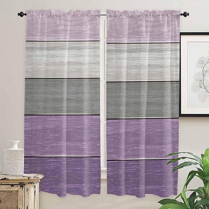 Country Wood Board Gray Purple Window Valance Curtains, Farmhouse Gradient Plank Light Filtering Kitchen Valance with 3-inch Rod Pocket for Living Room Bathroom Bedroom,2 Panel,52x72In