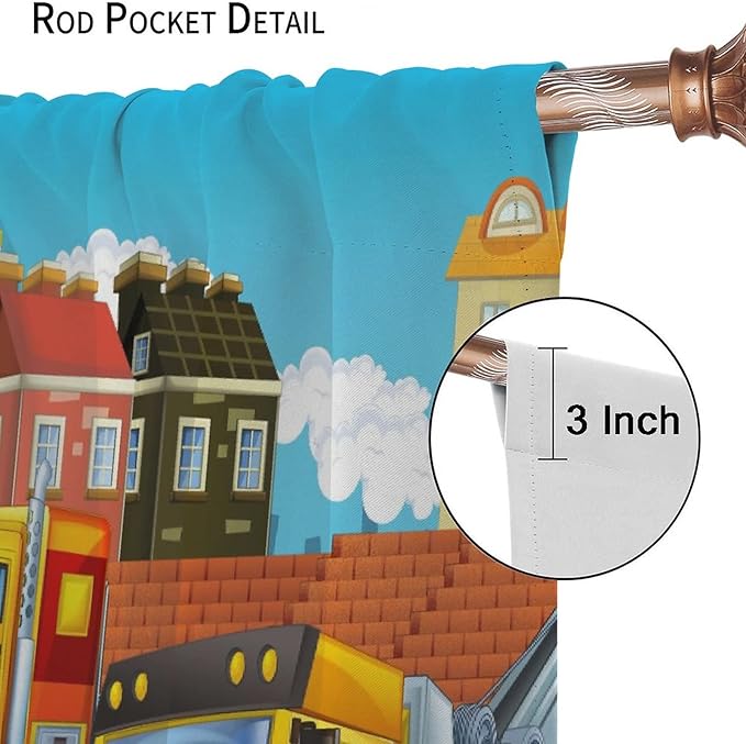 Kids Cartoon Construction Window Curtains, Funny Construction Site Cars and Helicopter Rod Pocket Decorative Windows Curtain for Children Teens Room Decor 84x84in (30% Blackout)